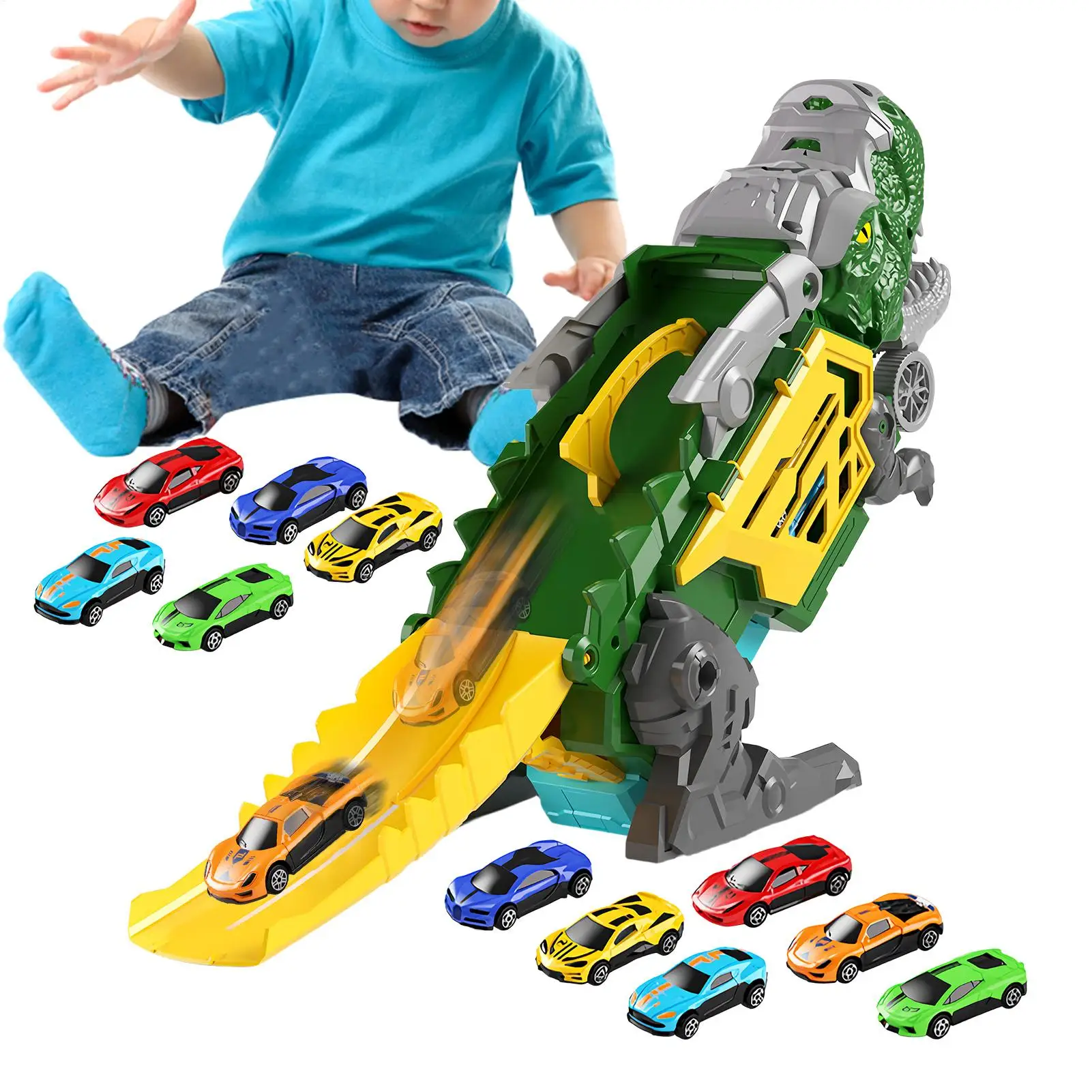 dinosaur-truck-with-cars-12-mini-cars-portable-double-track-with-handle-kid's-dinosaur-truck-for-children-aged-3-5-years-old