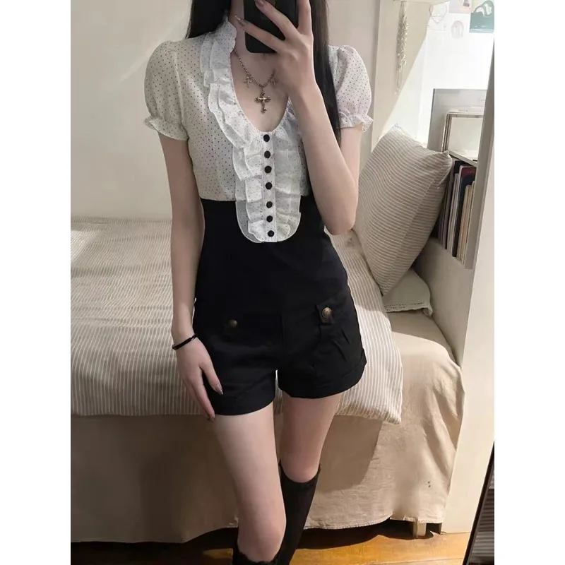 Women Slim Pullover Short Sleeve Shirt 2000s Retro Japanese Harajuku Style Patchwork Lace Cuff Casual Holiday Blouse