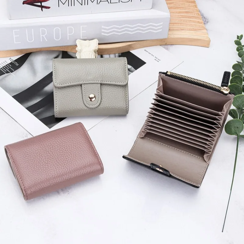 Minimalist Korean Style Genuine Leather Mini Wallet, RFID Blocking Card Holder with Snap Closure, Portable Coin Purse for Women