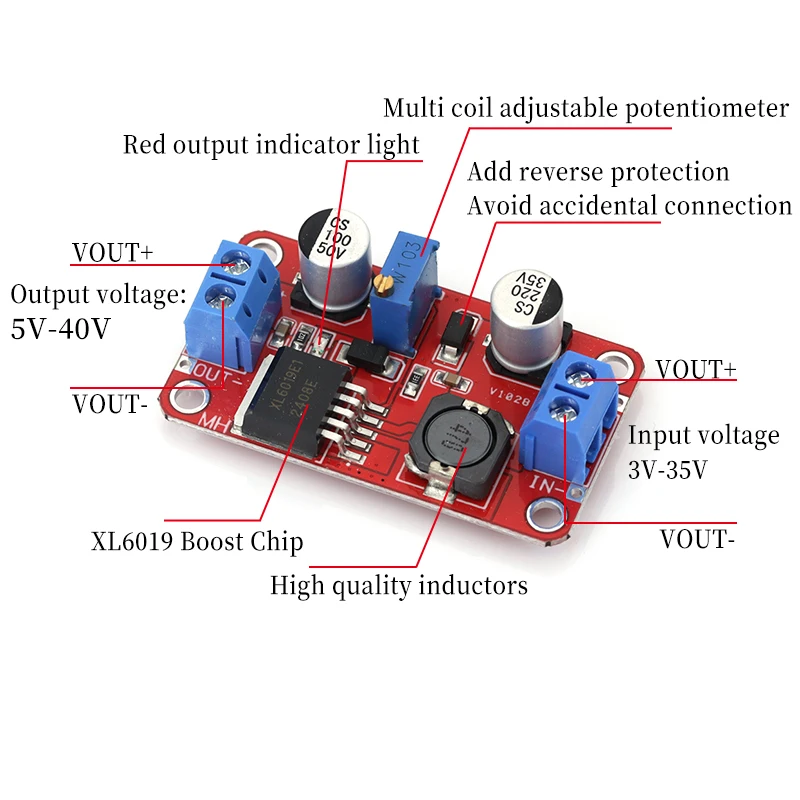 5A DC-DC Step Up Power Module Boost Volt Converter 3.3V-35V To 5V 6V 9V 12V 24V XL6019 Adjustable Output Regulator