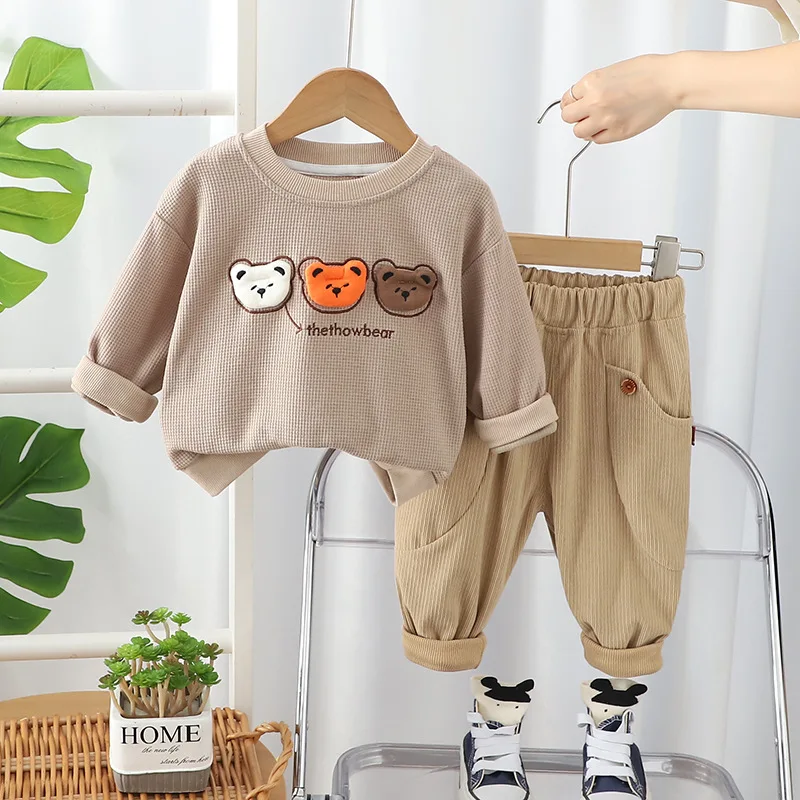 MILANCEL Autumn Kids Clothes Set Children Cute Bear Waffle Hoodie + Solid Color Casual Pants Boys Thin Style Outfit 2PCS