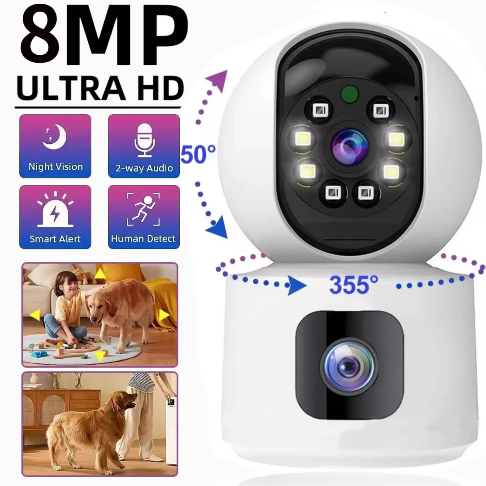 

8MP Dual Lens PTZ Camera Dual Screen 4K WiFi Smart Home Baby Monitor AP Two-way Audio Color Night Vision CCTV Surveillance Cam