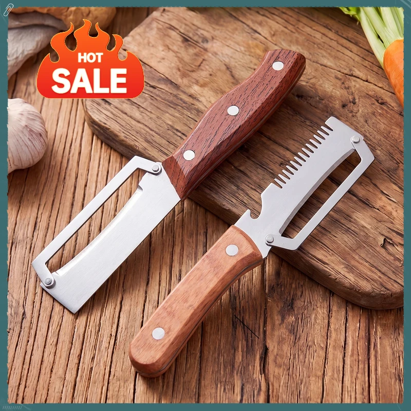 Stainless Steel Vegetable Peeler with Wooden Handle 3-in-1 Fruit Potato Peeler with Bottle Opener Kitchen Peeling Cooking Tools