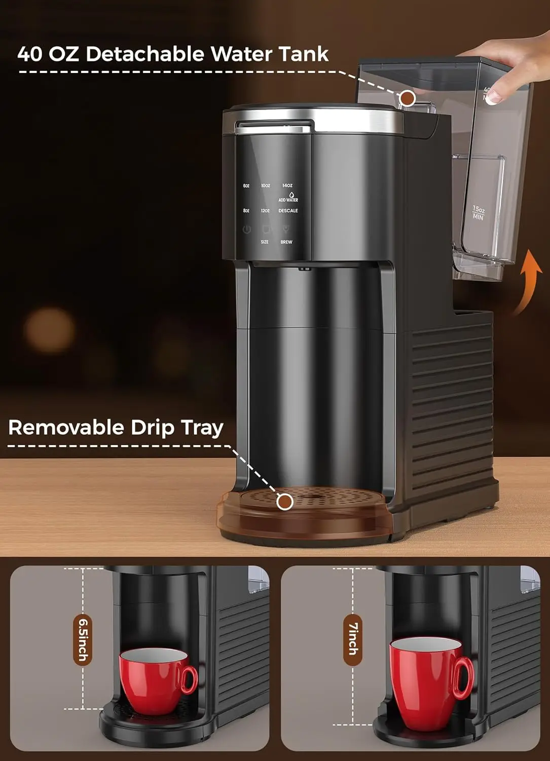 ماكينة صنع القهوة ذات الخدمة الواحدة، ماكينة تحضير القهوة للكبسولات والقهوة المطحونة، ماكينة صنع قهوة الكبسولات مع خزان مياه 40 أونصة، 5 مقاسات مشروب