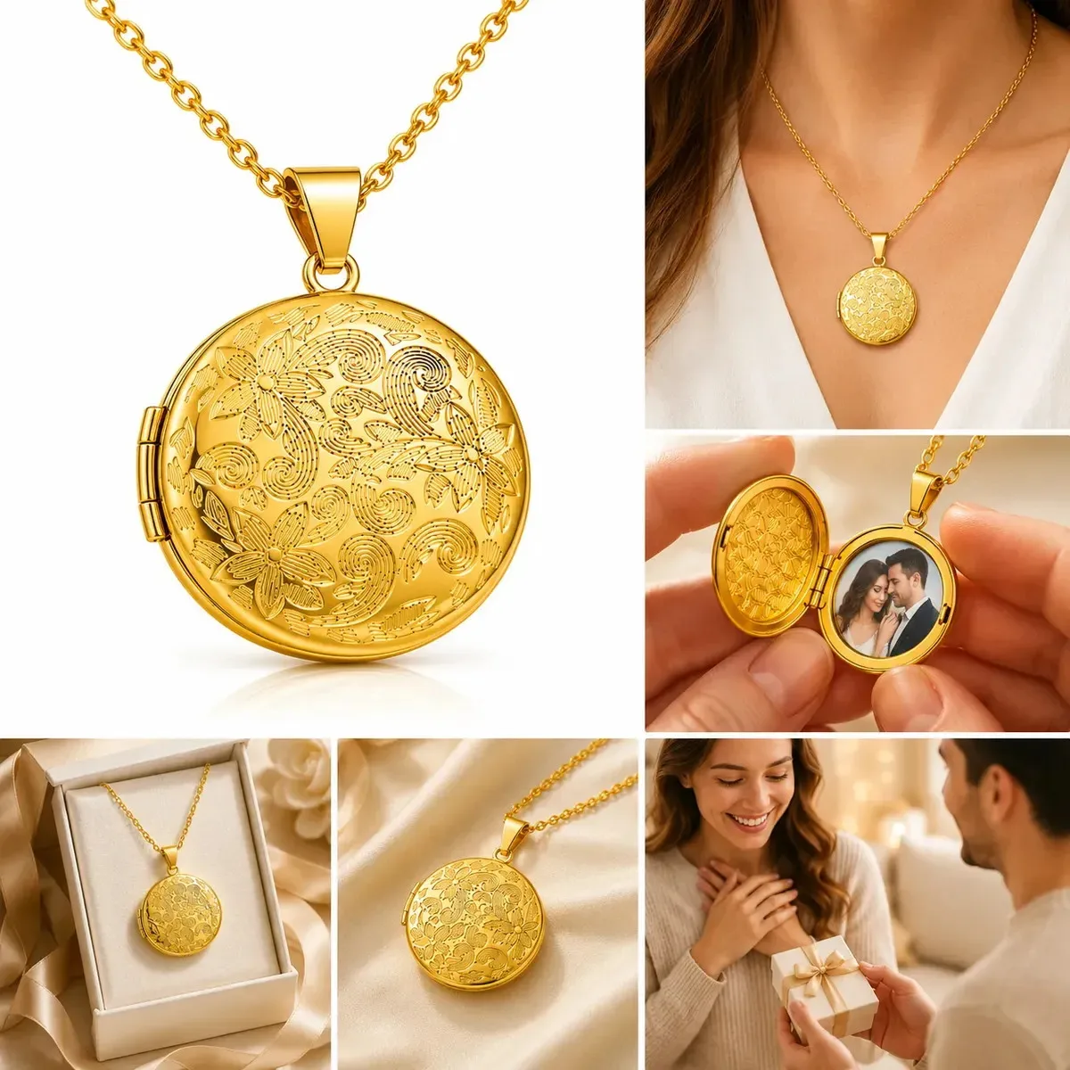 Personalized Custom Photo Locket Necklace for Women Men, Engraved Round Picture Pendant, Gold Silver Memorial Jewelry Gift view 3