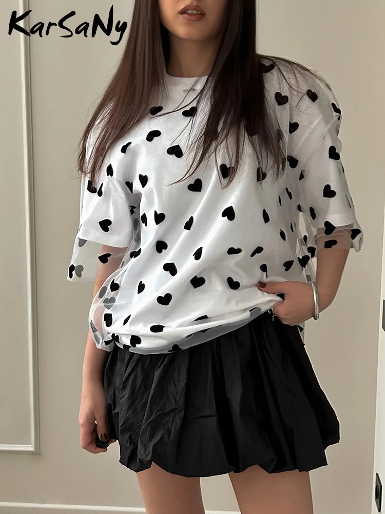KarSaNy Heart Mesh T Shirt Women Short Sleeve Oversized Top Tees Cotton Basic Splicing Loose Fake Two Piece T Shirt For Women