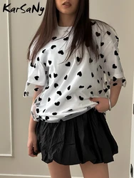 KarSaNy Heart Mesh T Shirt Women Short Sleeve Oversized Top Tees Cotton Basic Splicing Loose Fake Two Piece T Shirt For Women