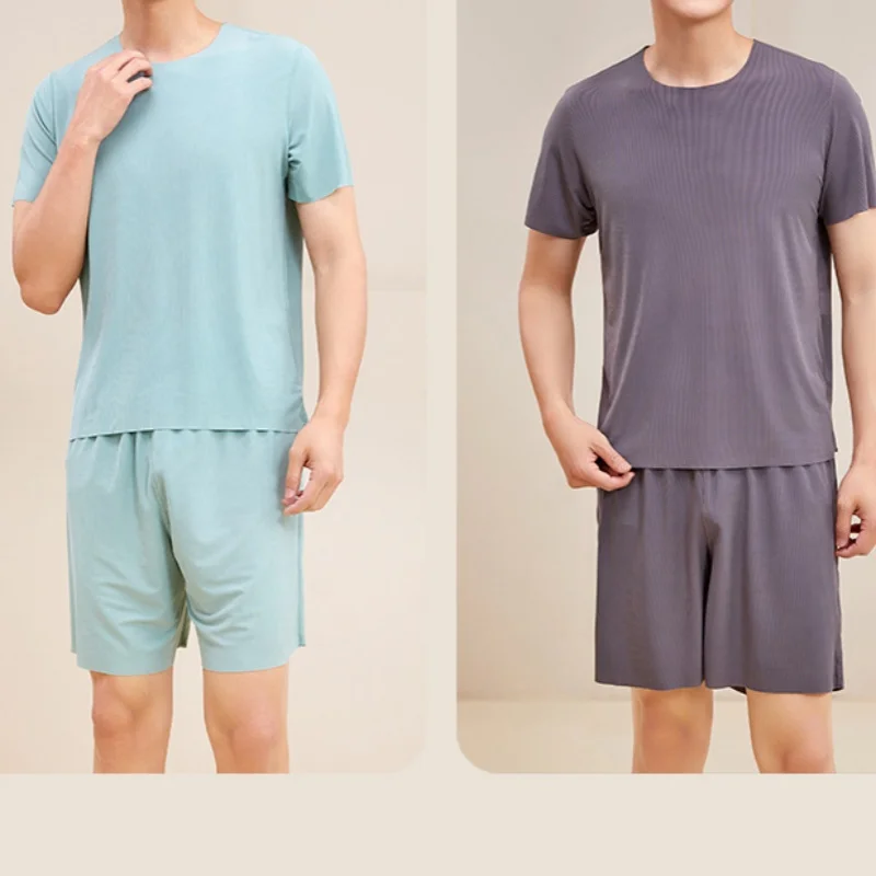 2Pcs/set  Women And Men Summer Spring Pajamas Shorts Pants Short Sleeve Homewear Loose Couple Thin O-neck Loose Solid School