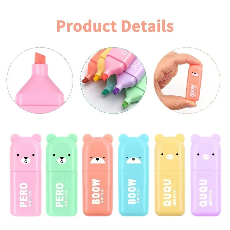 6pcs/Set Cute Cartoon Mini Highlighter Pens Kawaii Pastel Colors Manga Markers Scrapbooking Diary Highlighter Stationery