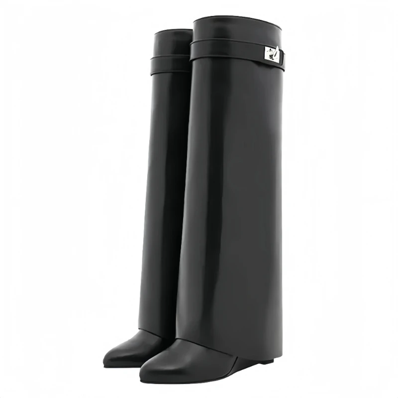 

Shark Lock Sleeve Knee High Boots, European and American Women's Leather Knee High Designer Luxury Red Carpet Banquet High Heels