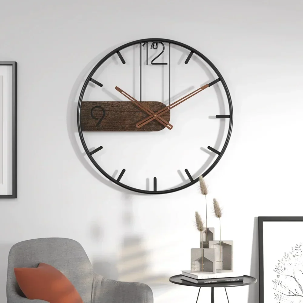 Wood Wall Clock Large Nordic Metal Round Wall Clock Walnut Pointer Modern Watches For Living Room Home Decoration