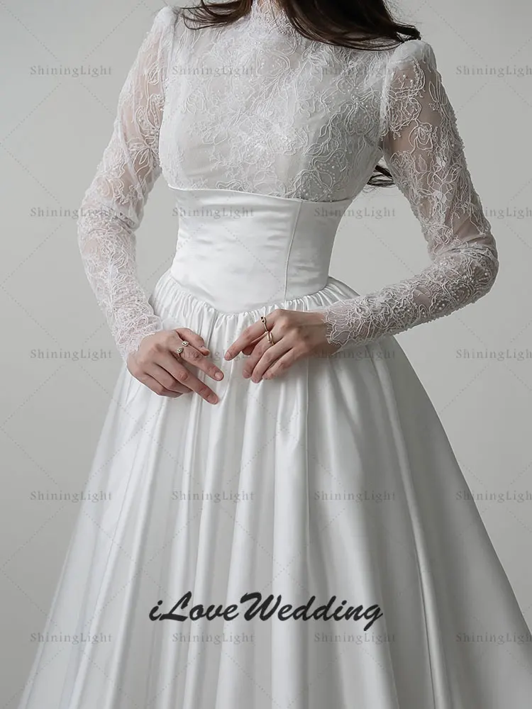 Suknie ślubne arabskie ShiningLight, wysoki dekolt, koronka, długie rękawy, biała linia A, satynowe suknie ślubne, Vestidos De Novia, szyte na miarę