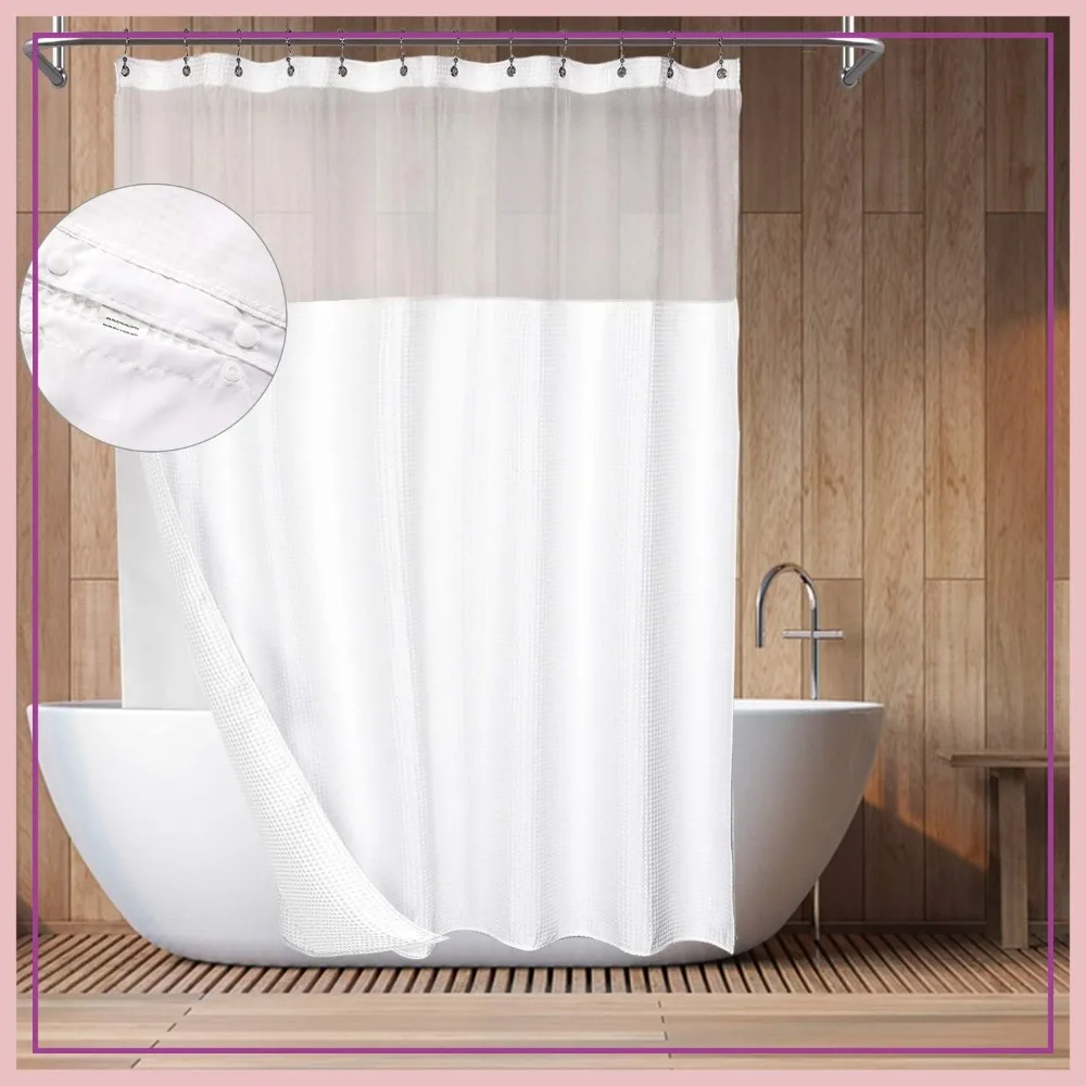 

Hotel Style Cotton Shower Curtain with Snap-in Liner, Mesh Window, Waffle Weave, Washable, 72x72 Inches