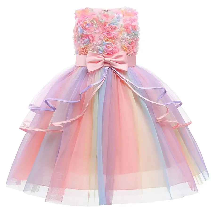Colorful Princess Dress Girls Unicorn Cosplay Costume with Headband Wings Lucky Girl Birthday Gift Clothing Kids Summer Dress
