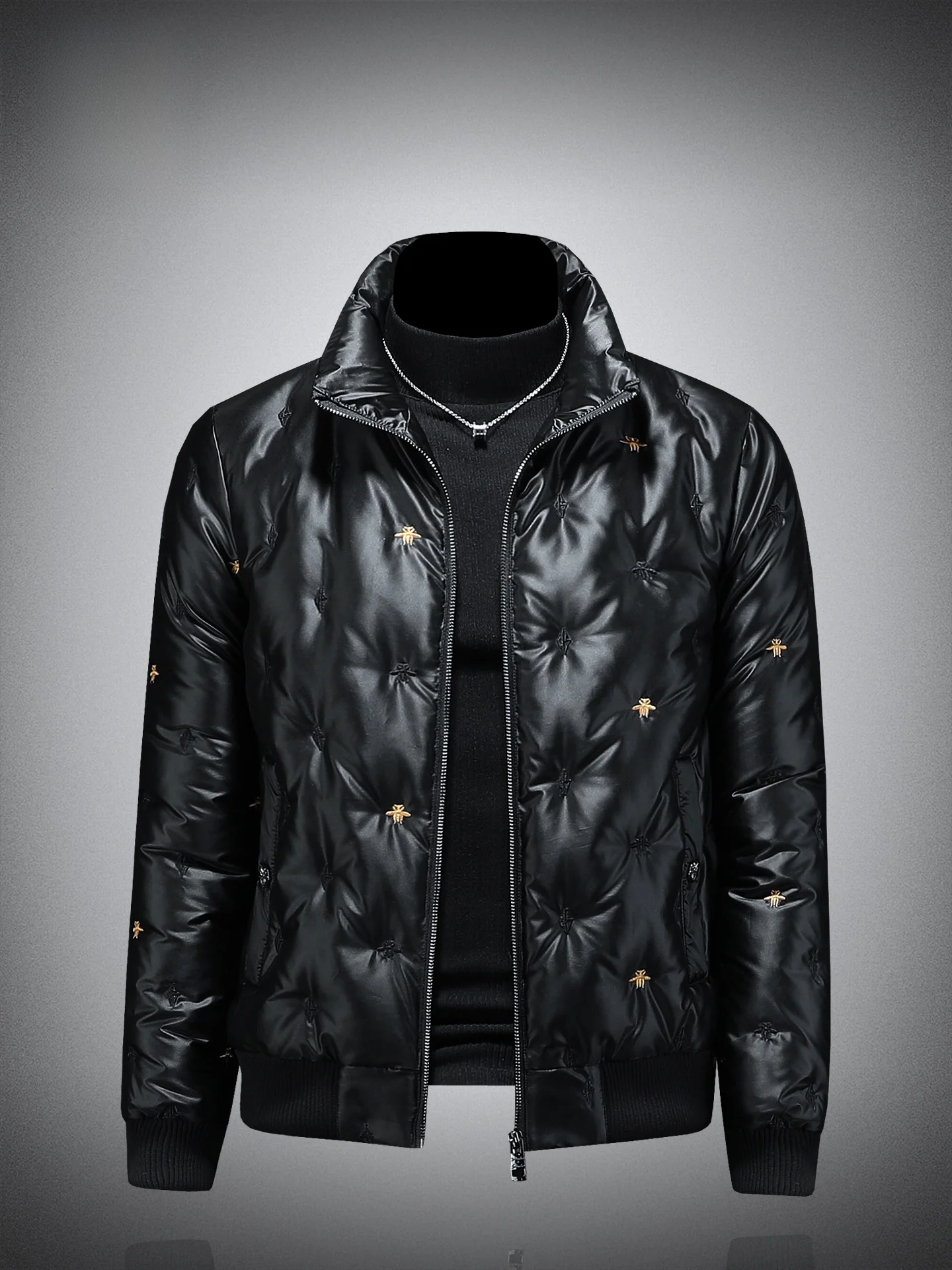 

Мужская зимняя куртка-пуховик с глянцевым матовым покрытием, черная, с воротником-стойкой, вышивкой, модная верхняя одежда