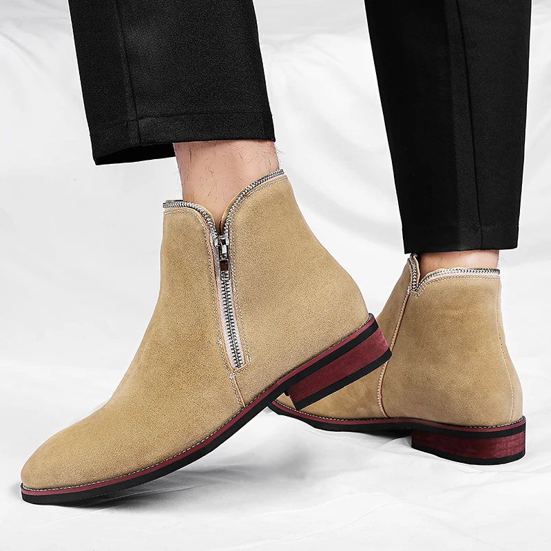 Brand New Chelsea Men's Boots Fashion Low Heel Side Zipper Denim Boots Casual  Round Head Business Formal High Top Leather Shoes - view 3