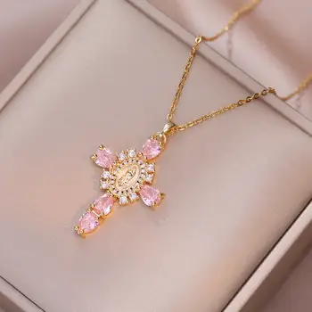 粉紅色水晶白色鋯石十字吊墜項鍊,男女皆宜,復古金色銀色不銹鋼鏈條,珠寶禮品 8 最佳銷售 鋯石項鍊 - №8