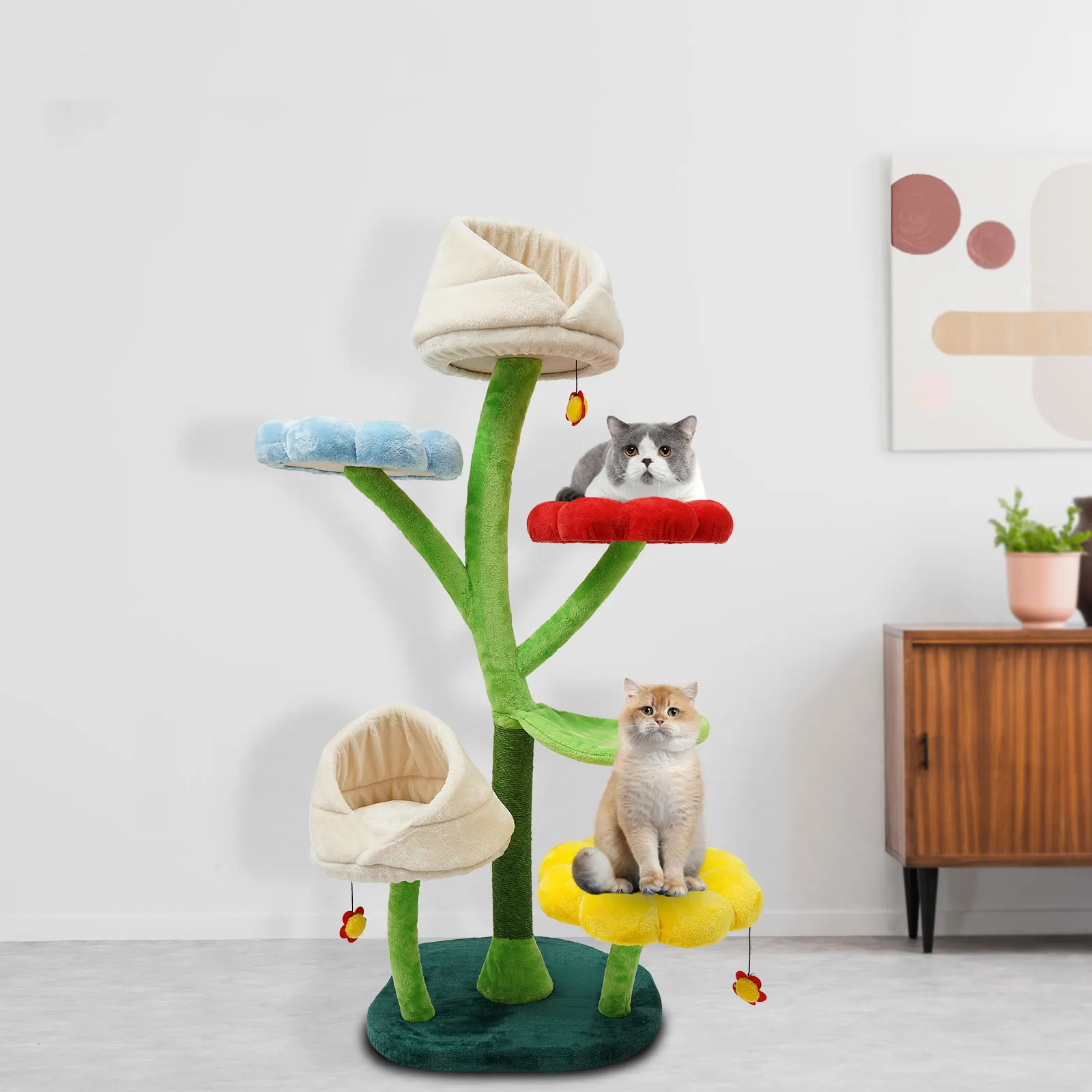 

Cat Tree 6-Level Flower W/Flower-shape Plush Balls Cat Condo Cozy Hammock&Durable Scratching Post Cat Home Accessories Toy