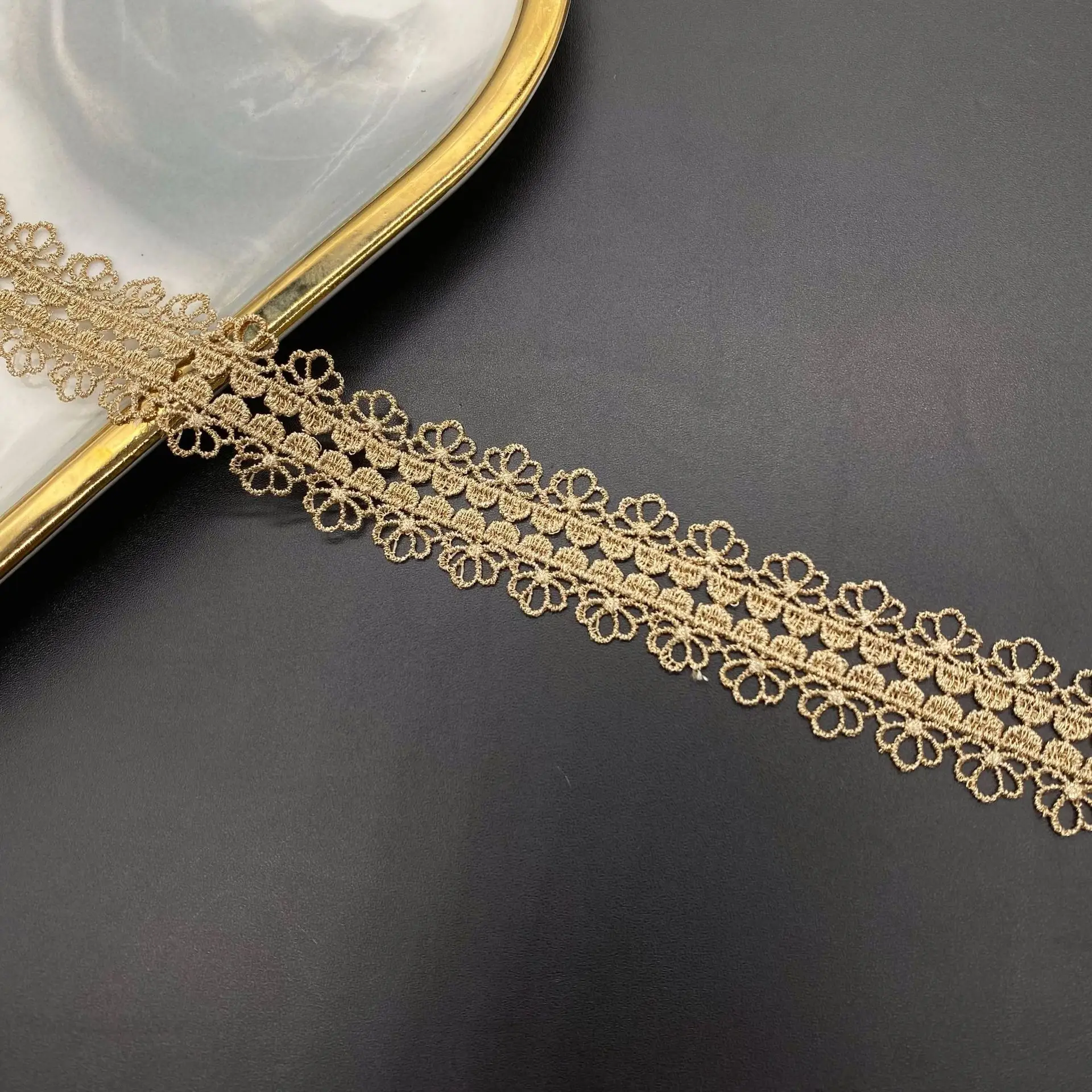 5 Yards DIY Gold Lace Accessories for Dress Cuffs, Single-Sided Diamond-Shaped Lace with Barcode Gold Thread Lace
