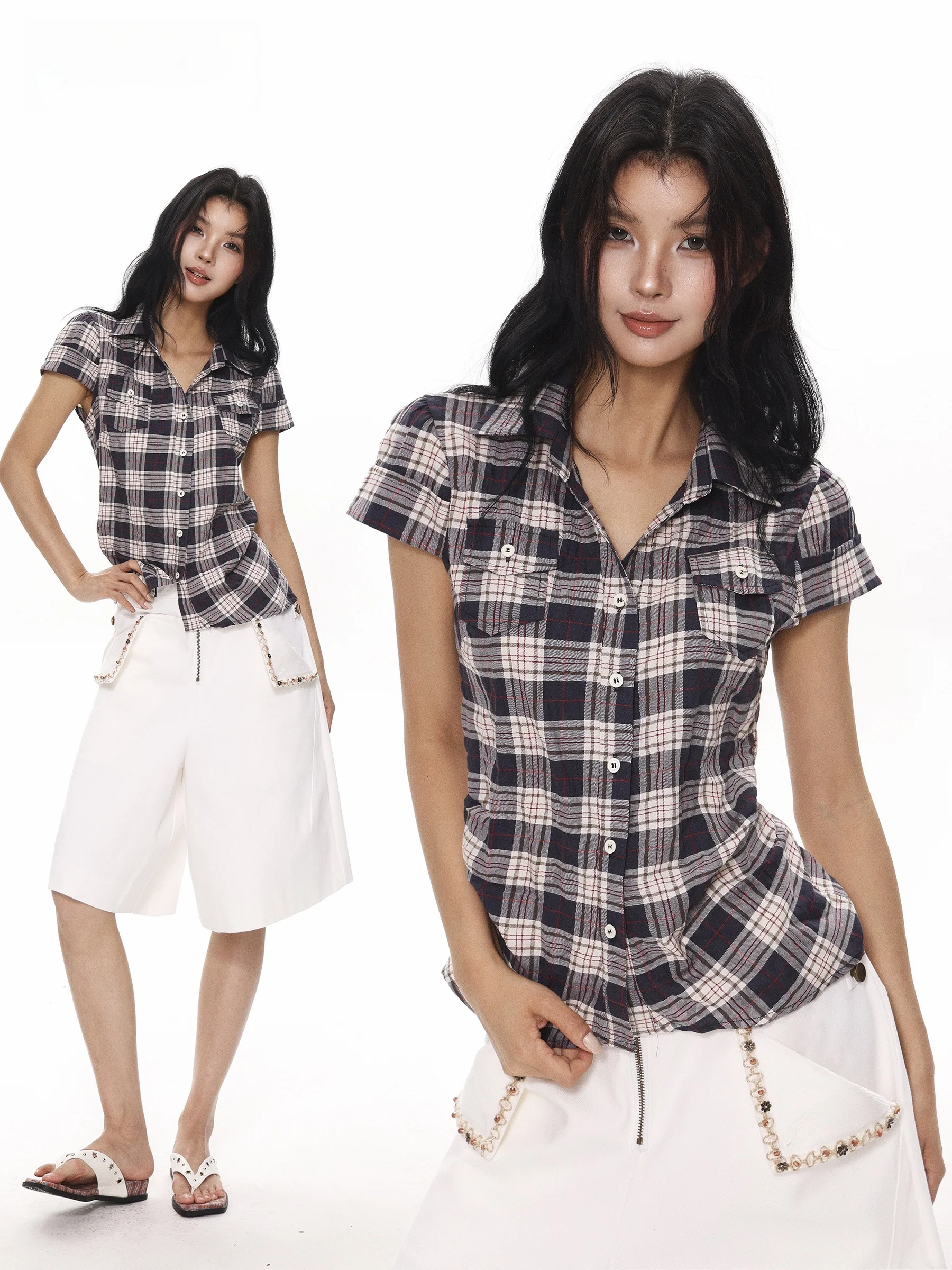 

Plaid Shirt Women Summer Spicy Waist Cinched Slim Fit Design Short Sleeve T-Shirt Casual Style Universal Fit Cotton
