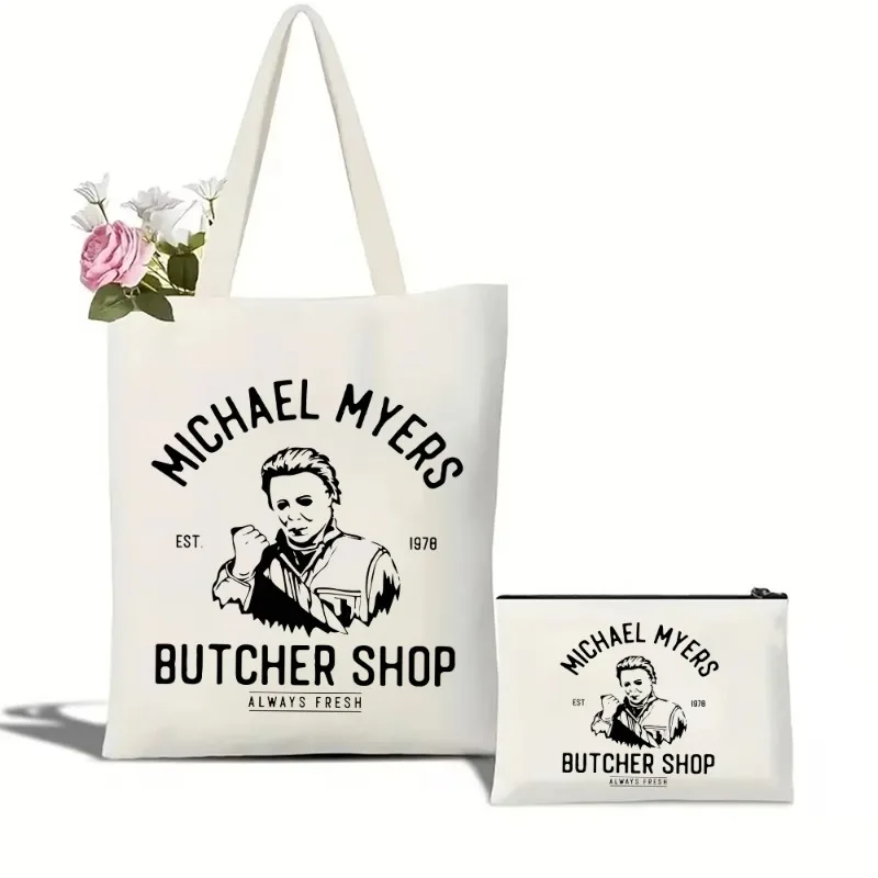 Michael Myers Butcher Shop Print Tote Bag Set Halloween Horror Movie Shoulder Handbag Cosmetic Bag Shopping Bag Travel Bag