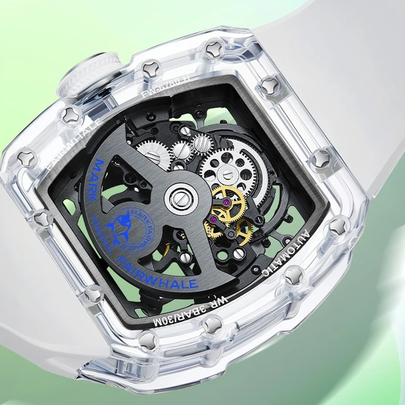 Mark Fairwhale Luxury Men's Tourbillon Mechanica นาฬิกากันน้ําส่องสว่างอัตโนมัติโครงกระดูกกีฬานาฬิกาพร้อมสายยาง