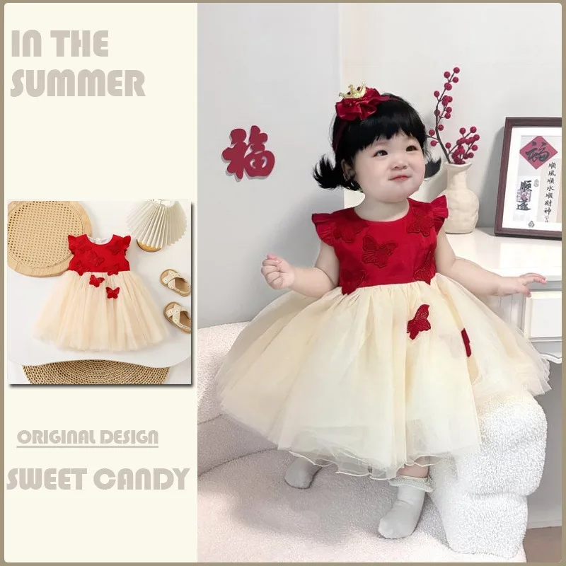 

New girls' dress Butterfly flower children's baby girl birthday capture week flying sleeve princess dress