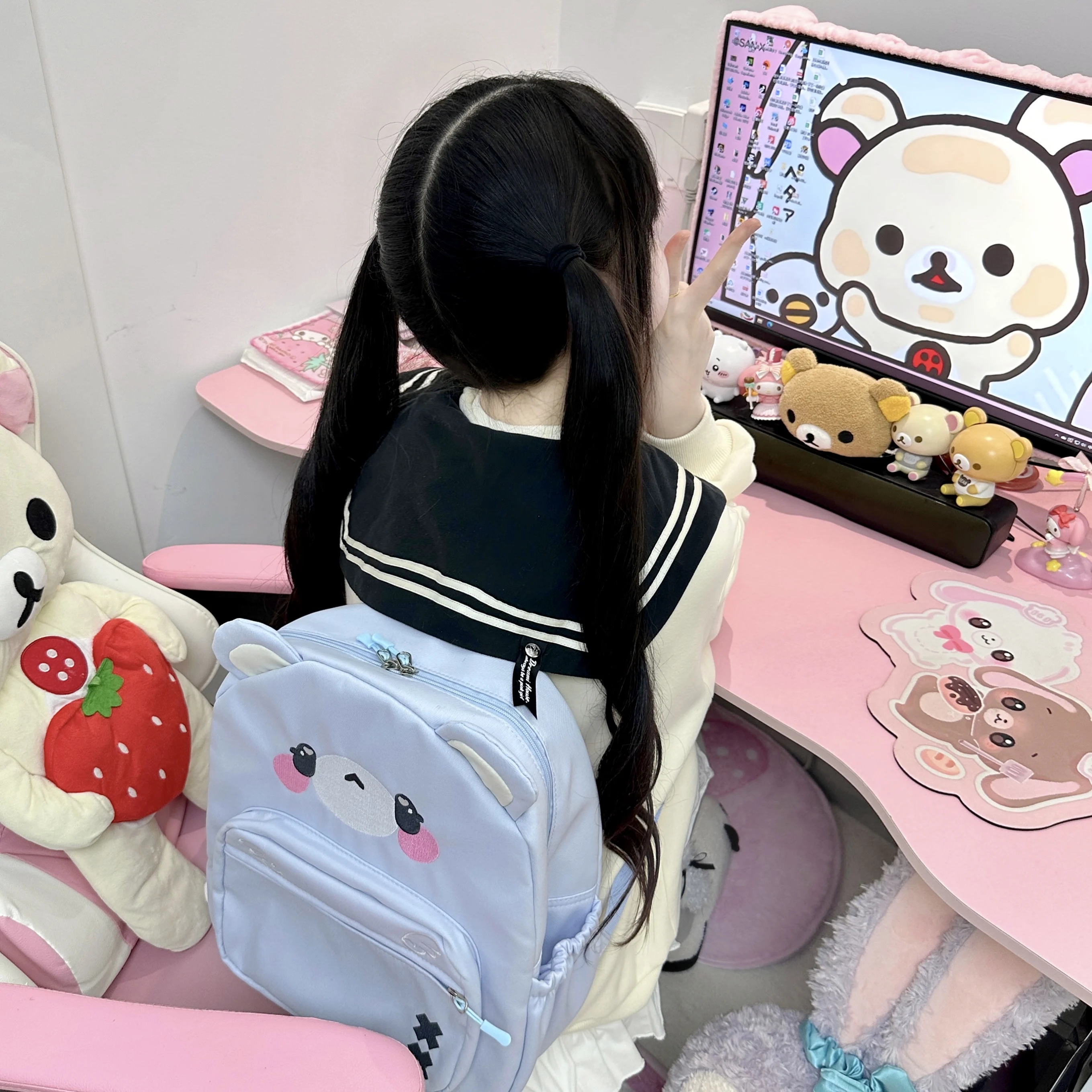 Cute Japanese Style Soft Girl Embroidered Watercolor Bear Female Student Daily Backpack School Bag Kawaii Backpack Women