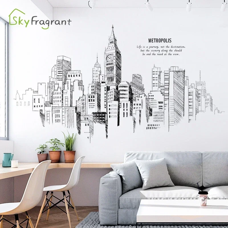Simple Line Wall Sticker Creative Modern City TV Sofa Background Self-adhesive Home Decoration Porch Living Room Decor Stickers