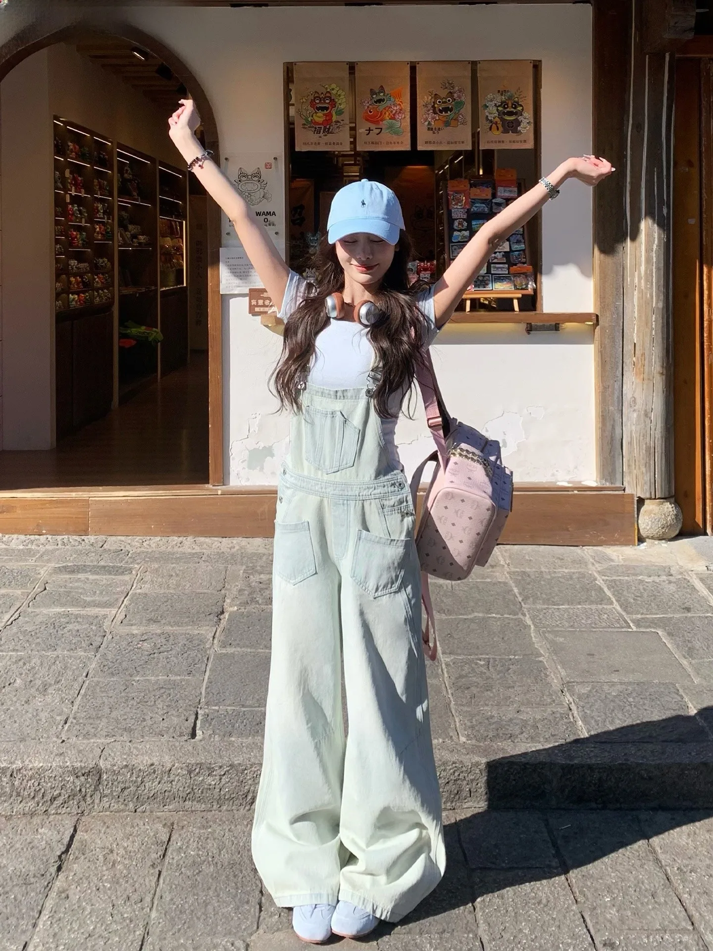 

Waed Denim Overalls Women's Casual Loose Wide Leg Pants Vintage Sle Spring Summer Anti-Aging Cotton l Waist Bule