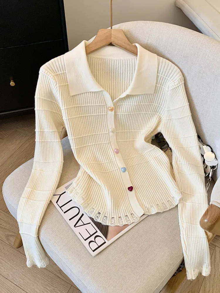 Fashion Polo Collar Solid Knitted Sweater Women Casual Button Design Cardigan Autumn 2024 French Elegance Loose Slim Tops Tide