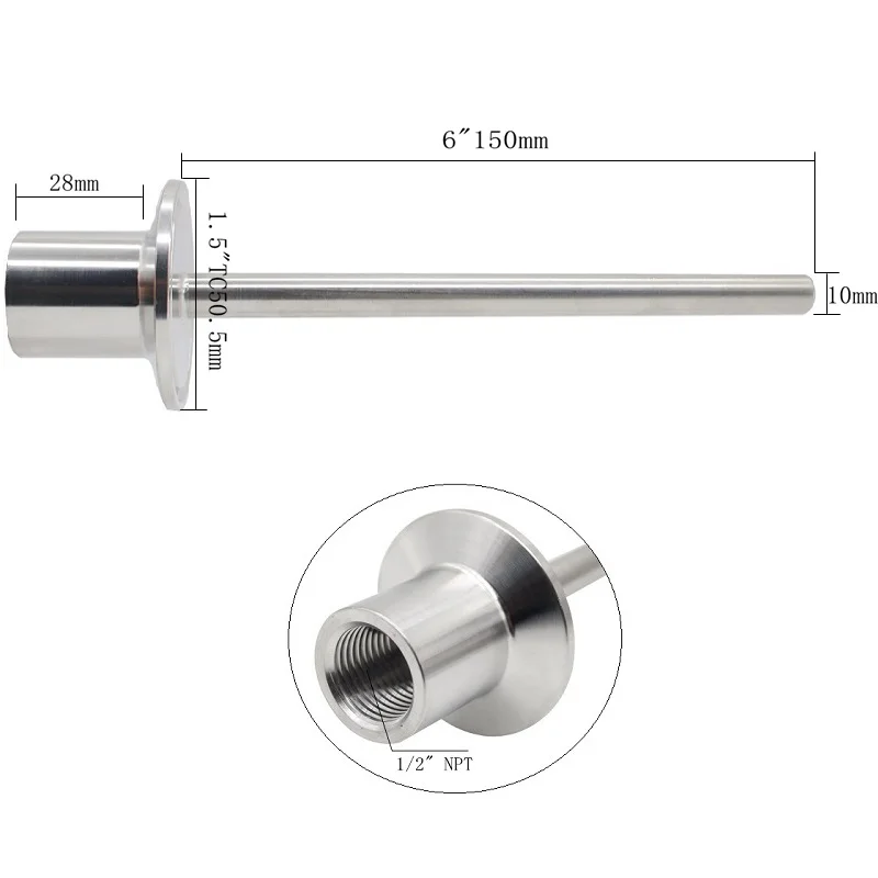 SAP Stainless Thermowell with Clamp 50.5mm and Female NPT 1/2\