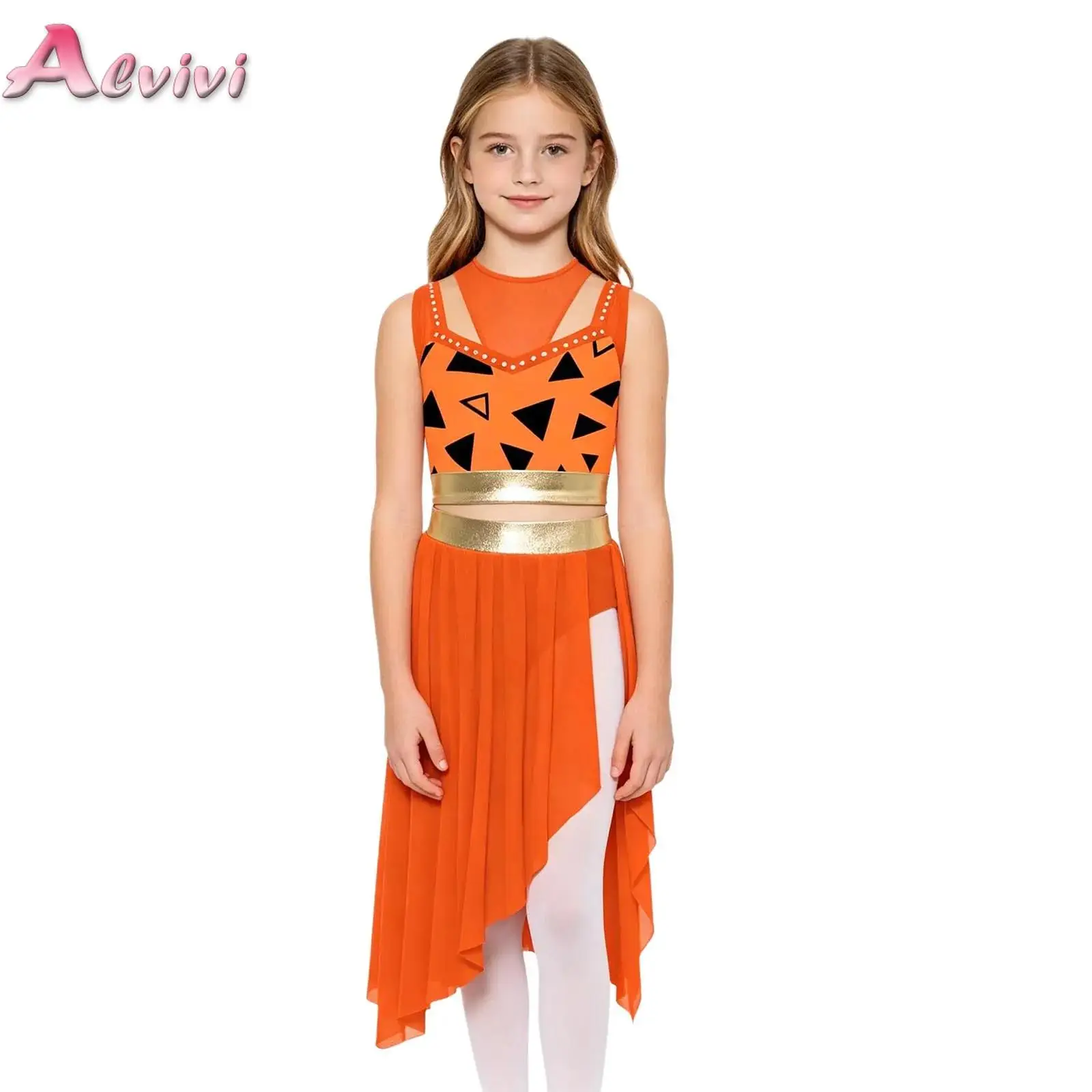 

Kids Girls Prehistoric Cave Stone Halloween Carnival Cosplay Costume Set Leopard Crop Top And Asymmetrical Ruffle Skirt Outfits