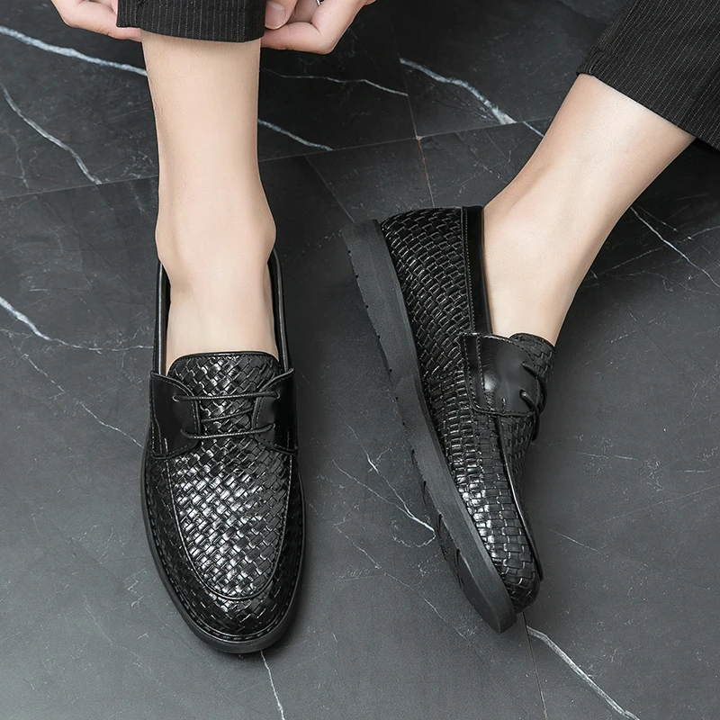 Men Weave Pattern Lace-up Loafers Fashion High Quality Leather Shoes Summer Slip-on Elegant Business Driving Pea Shoes Black