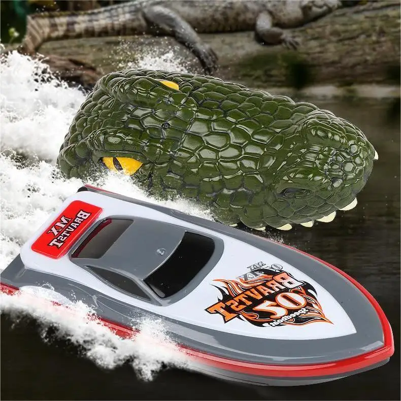 

RC Boat Remote Control Crocodile 2in1 Toy 2.4 GHz Simulates Alligator Head Speedboats Lake Pool Outdoor Toys for Kids Gifts