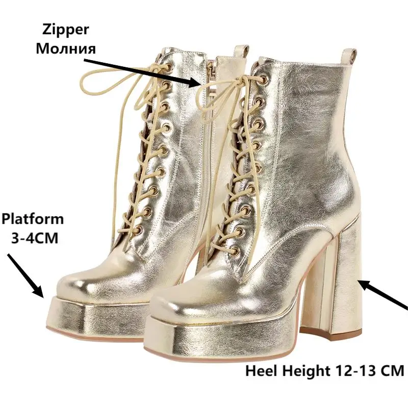 Onlymaker Gold Platform Ankle boots Heels Lace-up Thick High Heel Zip Plus Size Winter Booties