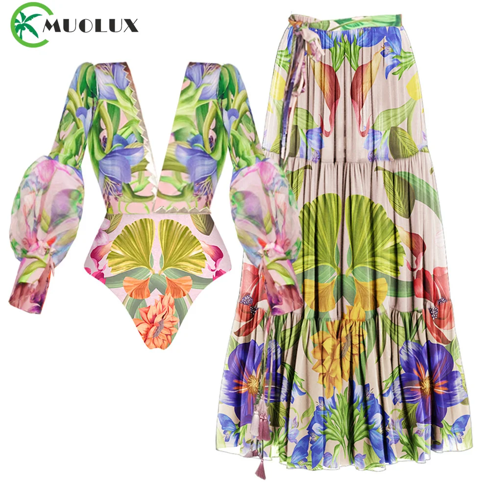 

2024 Sexy Bikinis Set Women Swimwear V-neck Long Sleeve Flowers Printed One Piece Swimsuit and Skirt Beachwear Bathing Suit