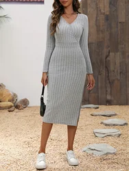 Solid Split Thigh Surplice Neck Ribberd Knit Dress Vacation