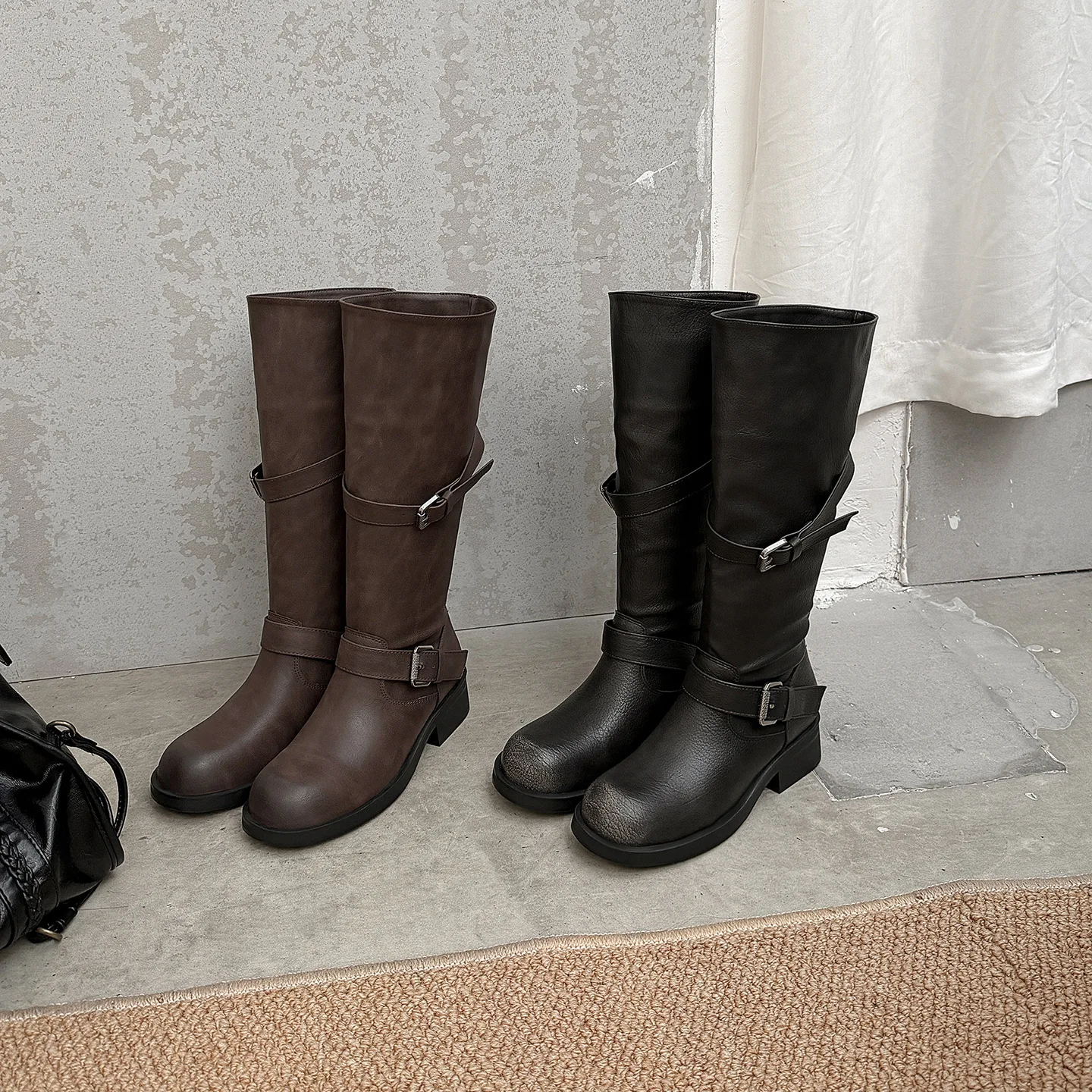 Vintage Distressed Leather Tall Boots for Women Autumn Winter Chunky Heel Buckle Strap Cowboy Boots