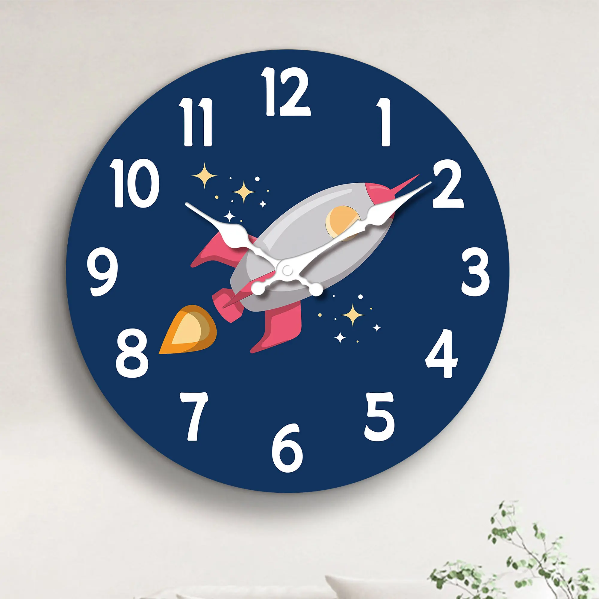 1pc 12 inch wooden wall clock, space rocket design cartoon wall clock, silent clock, suitable for living room bedroom, room deco