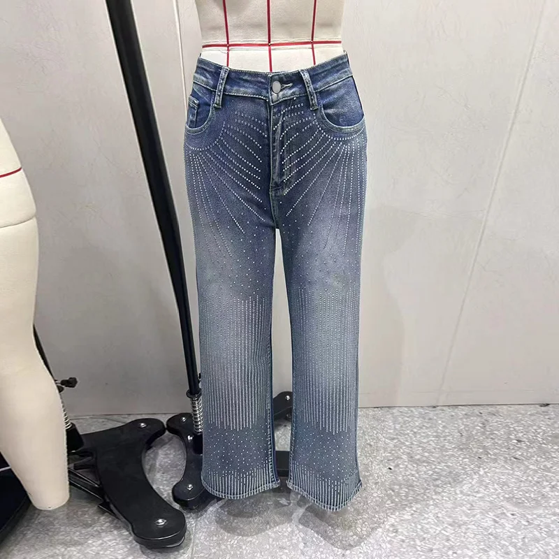 Benuynffy High Street Retro Diamonds Jeans Women's Spring Fall Mid Waisted Elastic Washed Loose Straight Wide Leg Denim Trousers