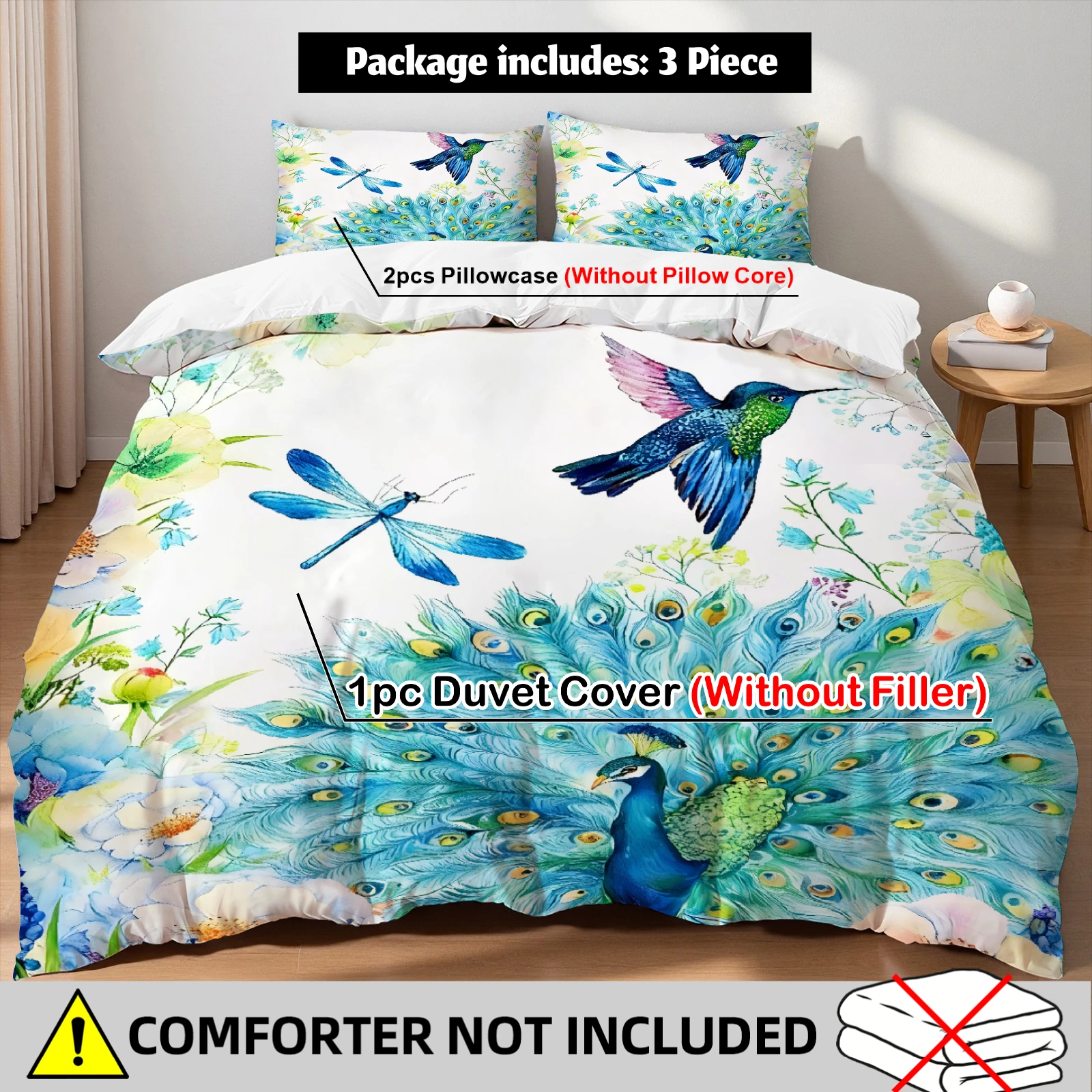 Tropical Peacock Hummingbird Bedding Set Teal Duvet Cover Set With 2 Pillowcases For Cozy Home Decor Twin Queen King Size