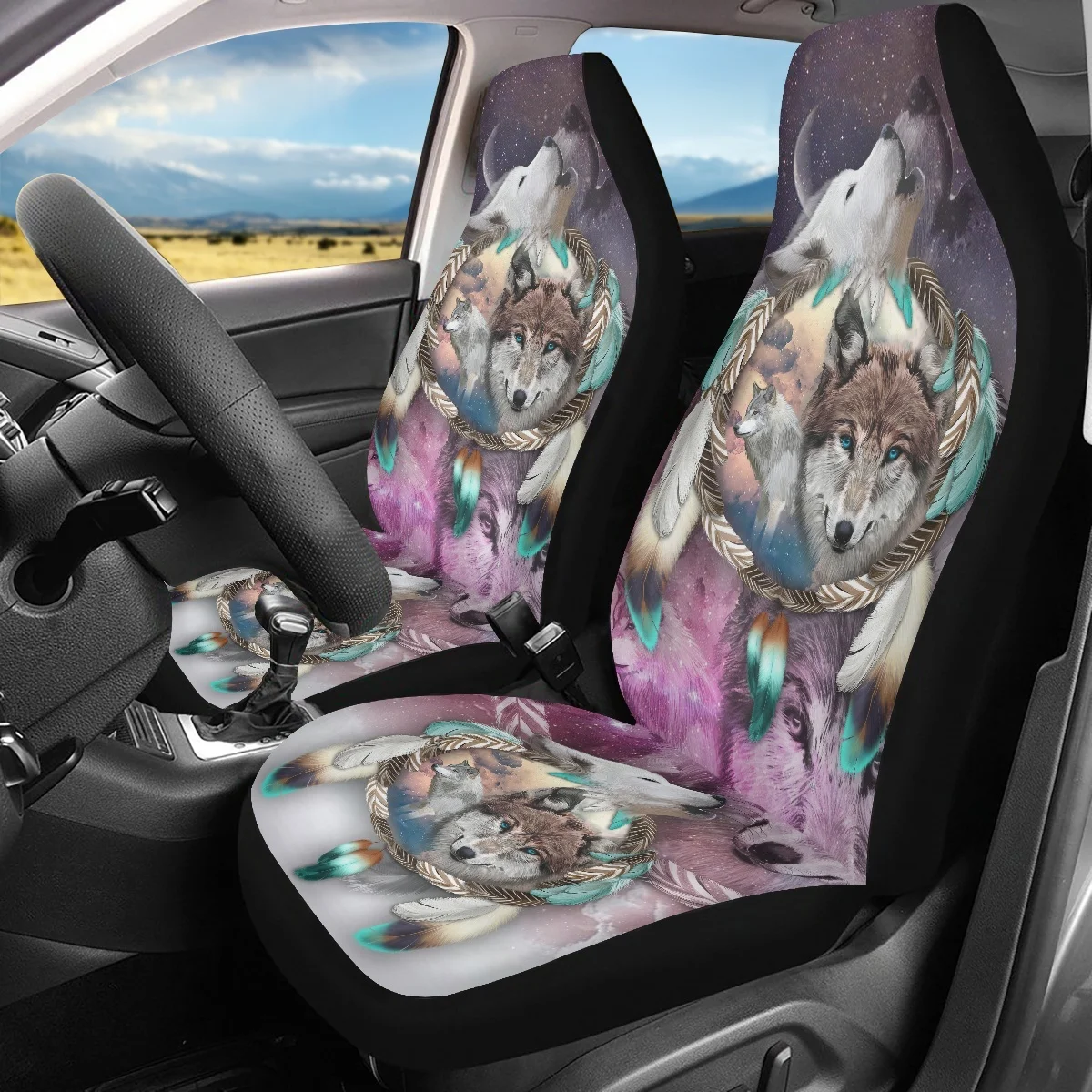 Gradient Dream Catcher Snow Wolf Pattern Car Seat Covers Set Unisex Dirt Resistant Standard Stretch Fabrics Vehicle Protector