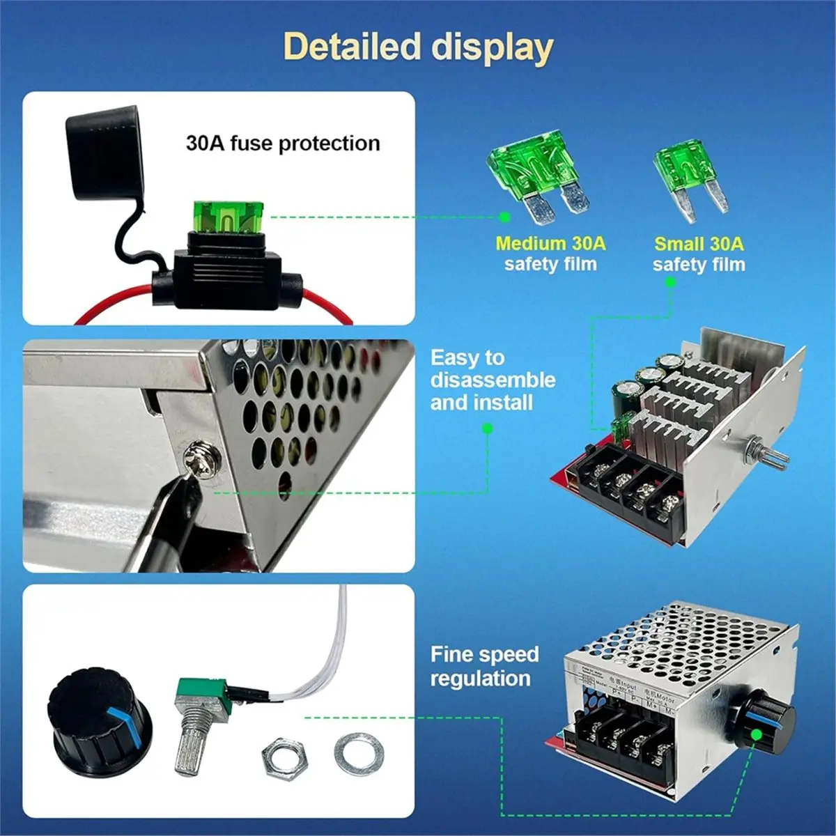 (CLOS) DC Motor Speed Control Pulse Width Controller,Non-Voltage Regulated DC 7-70V Input,Built-in 30A Overcurrent Protection