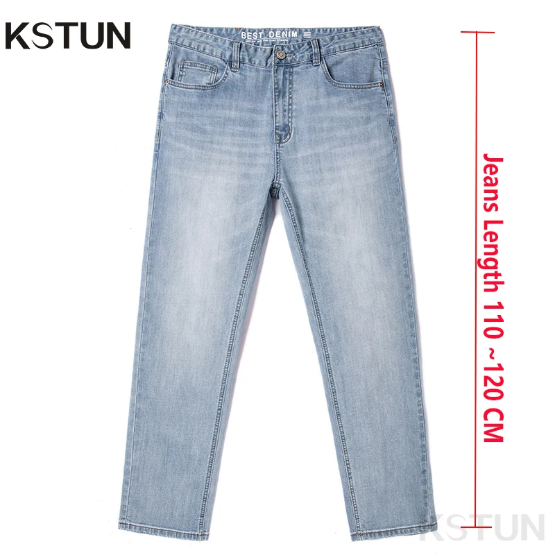 

KSTUN Light Blue Jeans For Tall Men 2024 New Straight Cut Business Casual Denim Pants Extended Length Men's Clothing Large Size