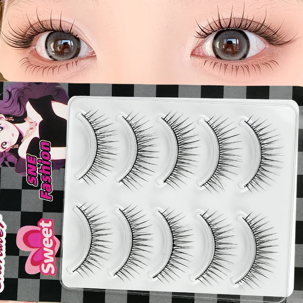 5 paia ciglia finte ciglia finte striscia giornaliera croce nera fascia sottile 7-10mm fumetto manga ciglia arricciate naturali forma cosplay L