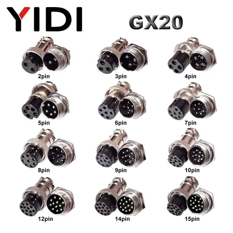 Male+Female GX20 Air Connector 2 3 4 5 6 7 8 9 10 12 14 15 Pin Wire Panel 20mm L94-100Y Circular Aviation Socket Plug Connector