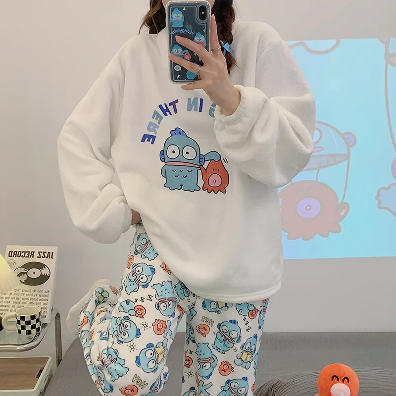 Cartoon Hangyodon Pajamas Home Clothes Coral Velvet Warm Pajamas That Can Be Worn Outside Plush Pajamas Set Long-sleeved Version