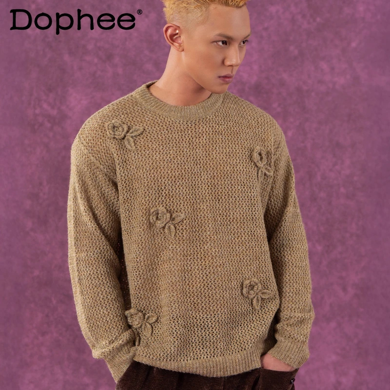 2025 Men and Women Autumn New Long Sleeve Loose Comfort Sweaters Fashion Retro Pullovers Solid Color 3D Crochet Knitted Sweaters