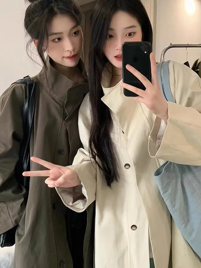

Ele Mid-Length Stand-Collar Women's Coat with Belt mat Sle Spring Autumn Long Sve Casual Pure Color